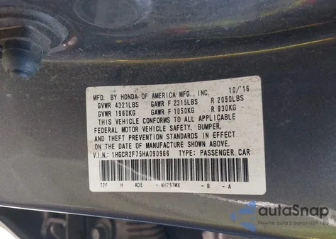 2017 Honda Accord Ex from USA, damaged, VIN 1HGCR2F75HA090966